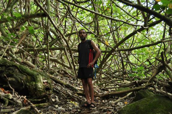 Caminhando na mata em direção a uma cachoeira próxima à Kalalau, na Na'Pali Coast, costa norte de Kauai, no Havaí